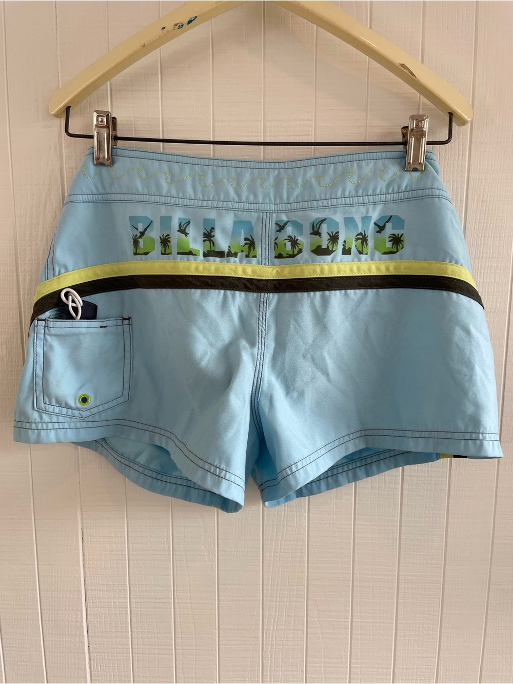 Vtg Y2K Billabong Boardshorts Sunset Palm Design Blue/Yellow/Lime Blue Crush